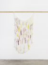 Astrid Svangren. In original violet/ Influenced transparent/ Feeling emerald/ Affected by honey yellow/ Worker bee/ Under influence of chestnut red/ Singing pastel dust, 2017. Fabric, water colour and japanese silk paper. 180 x 83 cm