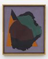 Tom Humphreys. Purple, black, brown, green and orange, 2016. Acrylic on linen, wood, glass. 74.80 x 64.60 cm