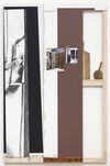 Carl Mannov. Agggoraphobe, 2018. Acrylic, charcoal, oil, wallpaper, collage, cutting board and hand mirror on stained and lye-treated plywood and pine stretcher. 200 x 130 x 6,5 cm