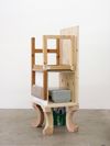 Carl Mannov. Feeding grounds, 2018. Modified chair, pine, plywood, A4 paper/packing, printer, and lye-treated Douglas fir. 137 x 64 cm