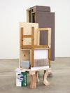 Carl Mannov. Feeding grounds, 2018. Modified chair, pine, plywood, A4 paper/packing, printer, and lye-treated Douglas fir. 137 x 64 cm
